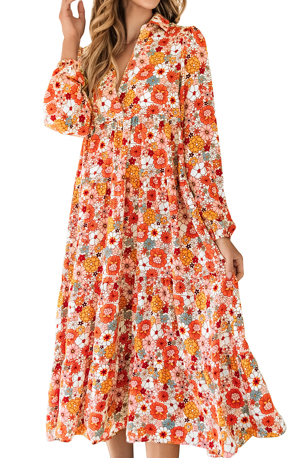 Multicolor Boho Floral Collared Long Sleeve Ruffled Dress Floral Dresses JT's Designer Fashion
