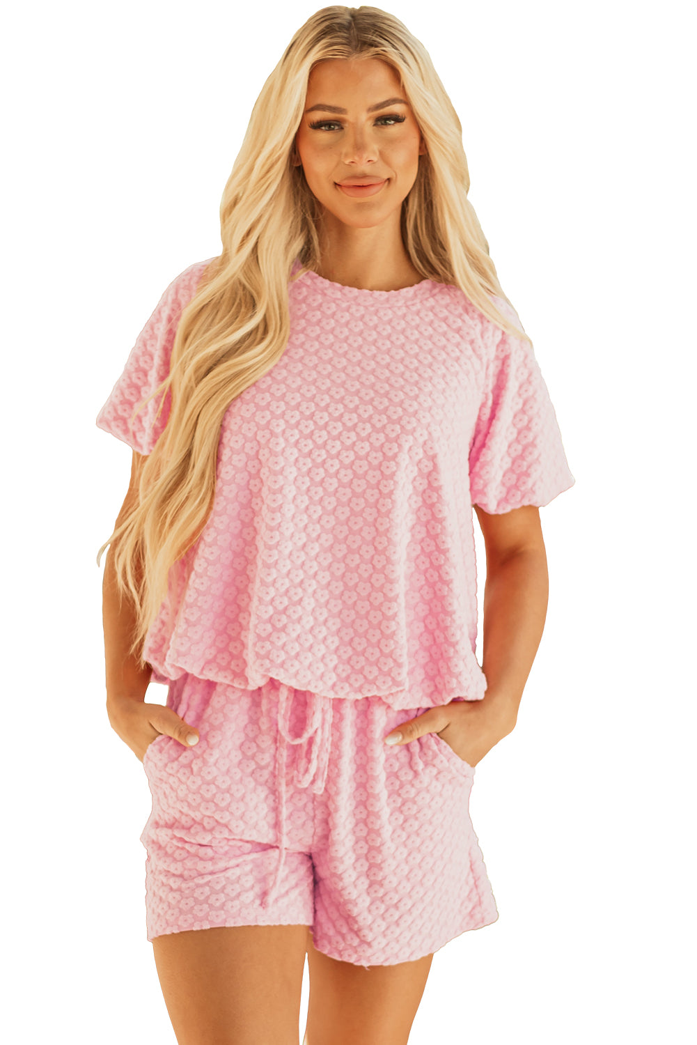 Coral Paradise Daisy Jacquard Textured Casual Short Set Short Sets JT's Designer Fashion