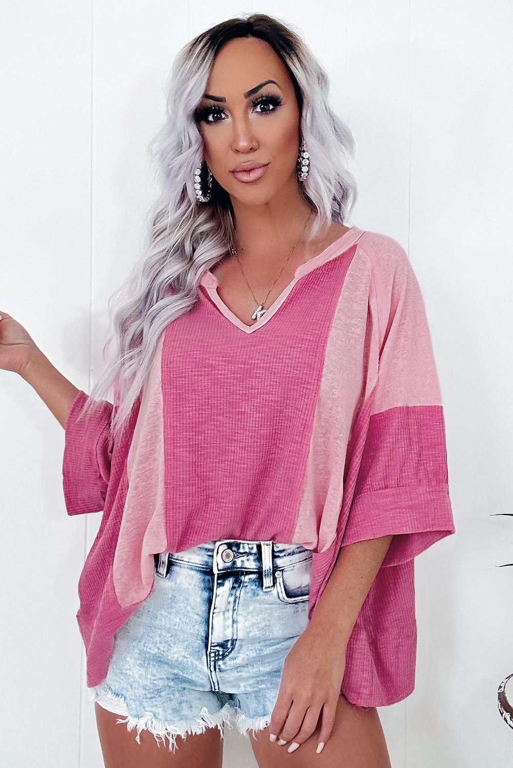 Bright Pink Textured Colorblock 3/4 Sleeve Oversize Top Long Sleeve Tops JT's Designer Fashion