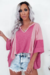 Bright Pink Textured Colorblock 3/4 Sleeve Oversize Top Long Sleeve Tops JT's Designer Fashion