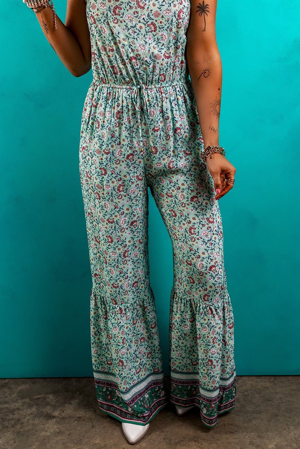 Green Bohemian Floral Ruffle Bottom Spaghetti Strap Jumpsuit Jumpsuits & Rompers JT's Designer Fashion