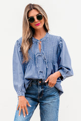 Myosotis Denim Front Pintuck Bow Tie Puff Sleeve Top Myosotis 75%Cotton+25%Polyester Blouses & Shirts JT's Designer Fashion