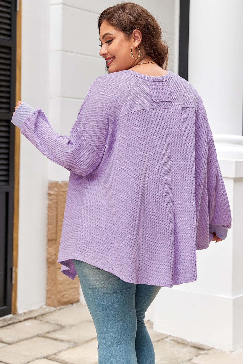 Orchid Petal Plus Size Waffle Knit Exposed Seam Flowy Top Plus Size Long Sleeve Tops JT's Designer Fashion