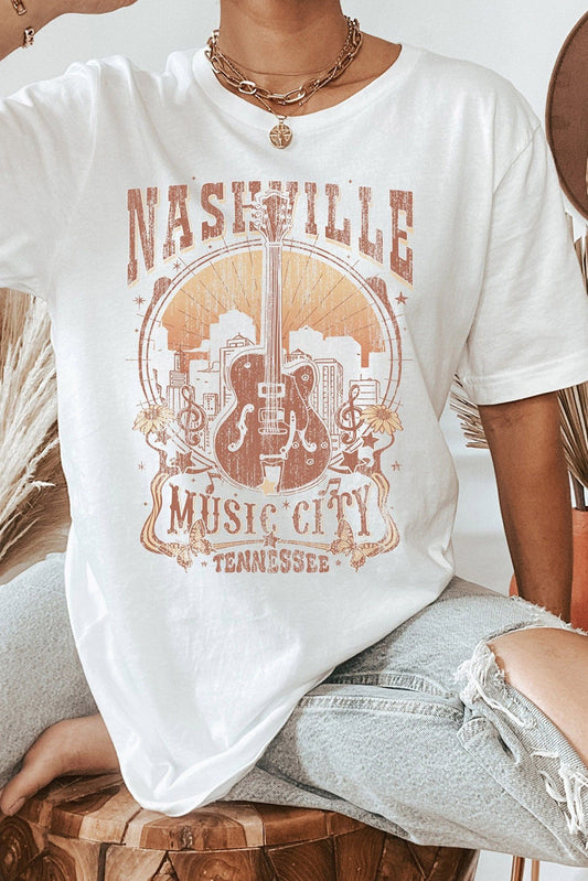White Vintage NASHVILLE Music City Crewneck Graphic T Shirt Graphic Tees JT's Designer Fashion