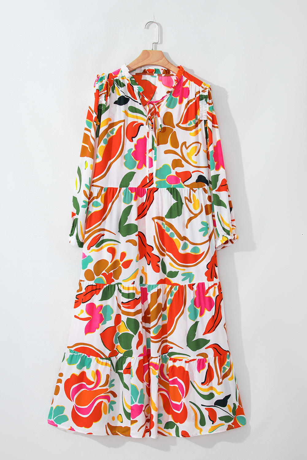 Orange Floral Print Drawstring V Neck Tiered Plus Size Dress Plus Size Maxi Dresses JT's Designer Fashion