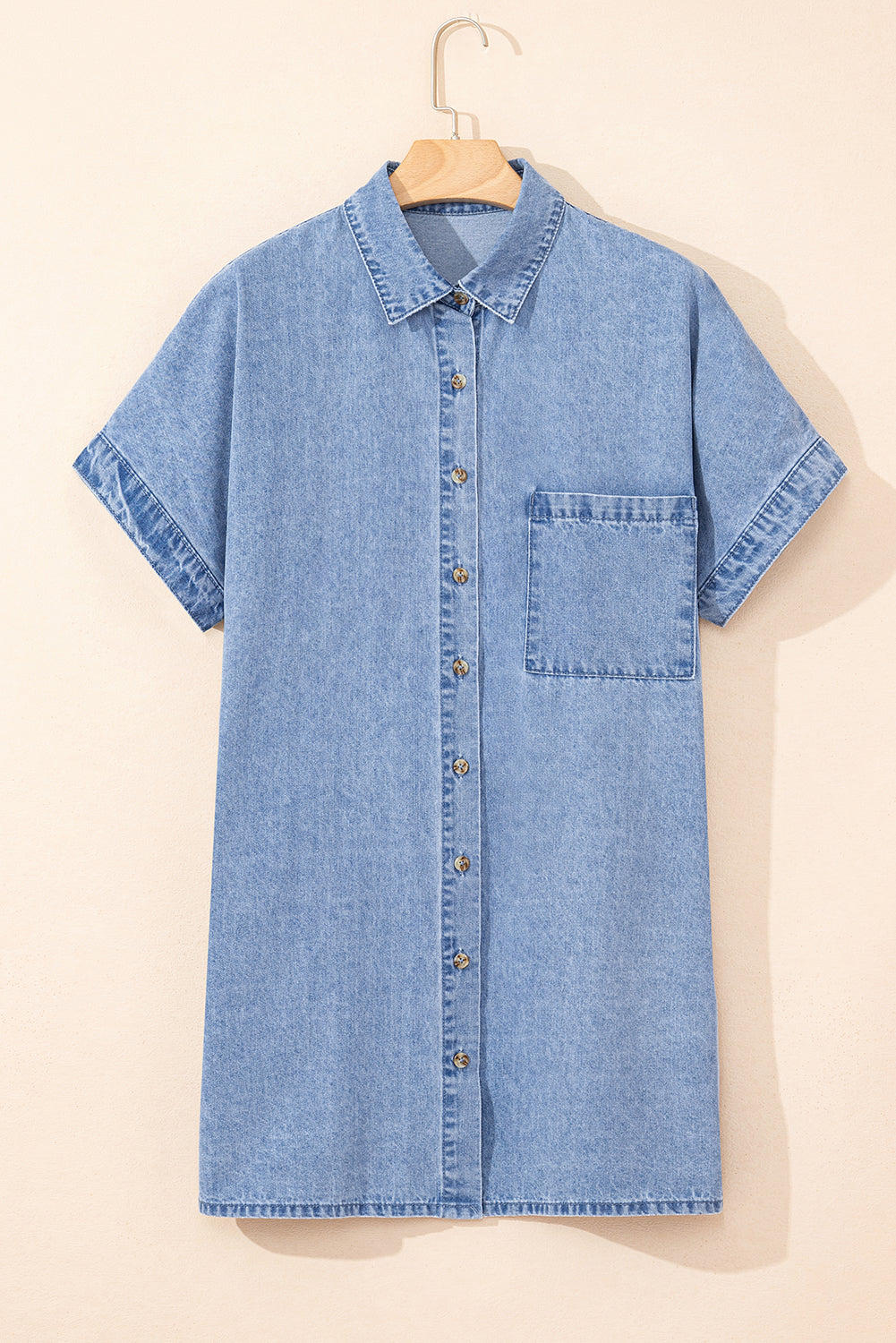 Dusk Blue Short Sleeve Pocketed Button up Denim Tunic Dress Mini Dresses JT's Designer Fashion