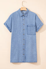 Dusk Blue Short Sleeve Pocketed Button up Denim Tunic Dress Mini Dresses JT's Designer Fashion