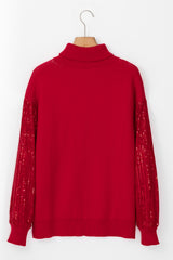 Racing Red Merry Graphic Sequin Sleeve Turtleneck Sweater Sweaters JT's Designer Fashion