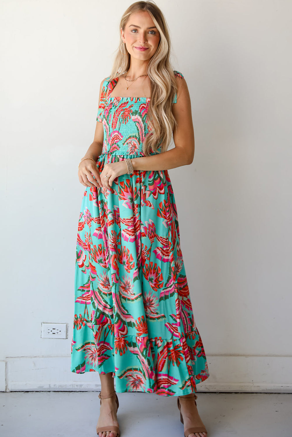 Green Abstract Print Smocked Bodice Knotted Straps Ruffled Long Dress Maxi Dresses JT's Designer Fashion