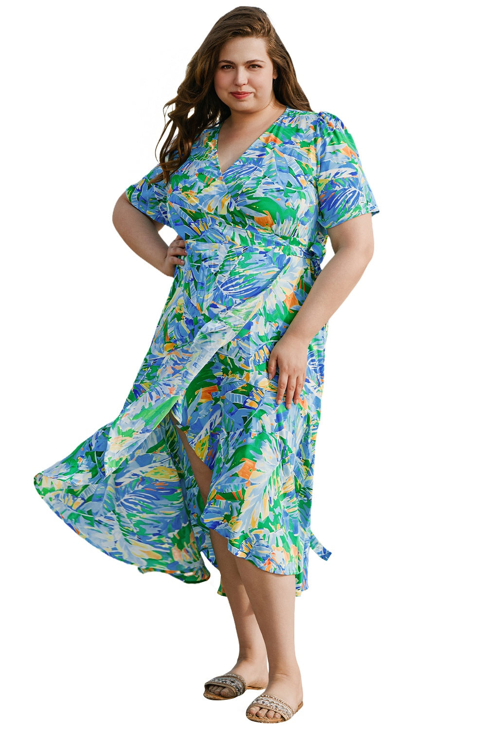 Green Leaves Print Short Sleeve Surplice Neck Ruffled Trim Plus Size Maxi Dress Plus Size Maxi Dresses JT's Designer Fashion