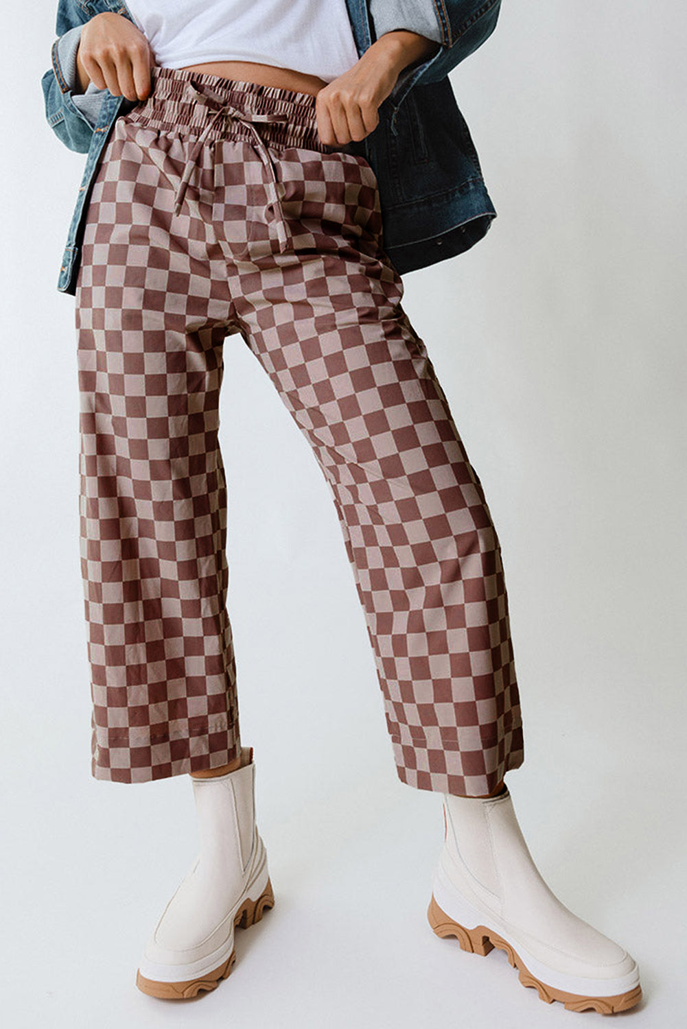 Khaki Checkered Elastic High Waist Loose Casual Pants Pants & Culotte JT's Designer Fashion