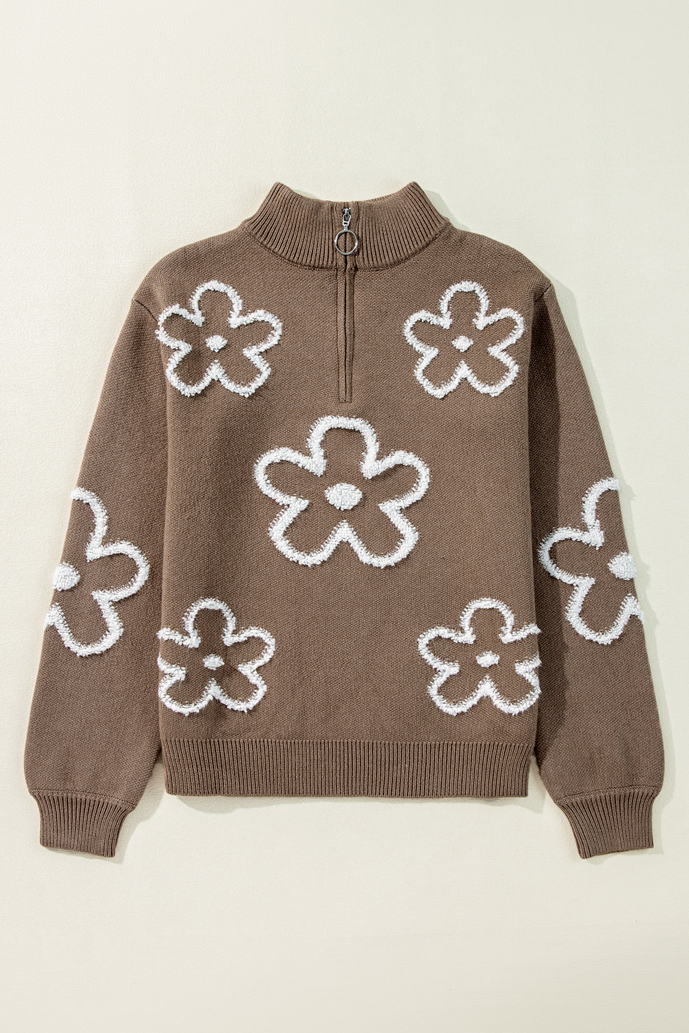 Parchment Contrast Flower Half Zipper Stand Neck Sweater Sweaters JT's Designer Fashion