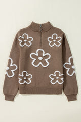 Parchment Contrast Flower Half Zipper Stand Neck Sweater Sweaters JT's Designer Fashion