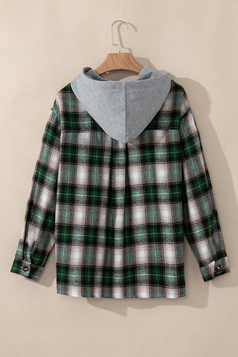 Green Plaid Print Chest Pocket Buttoned Hooded Shacket Plaid Shackets JT's Designer Fashion