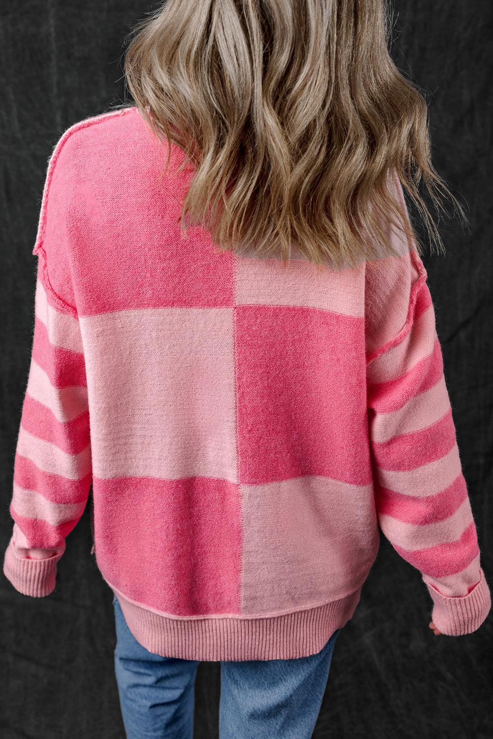 Pink Checkered Colorblock Striped High Low Loose Sweater Sweaters JT's Designer Fashion
