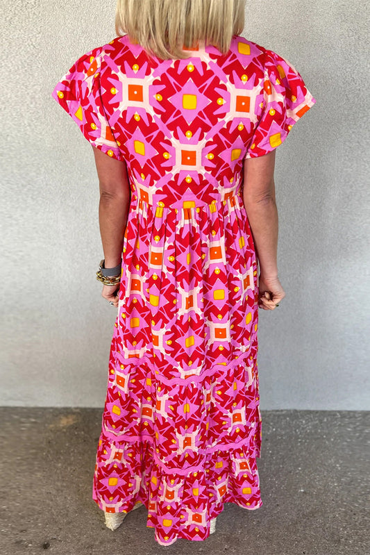 Strawberry Pink Geo Print V-neck Long Dress Maxi Dresses JT's Designer Fashion