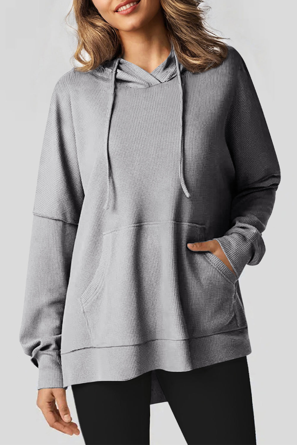Gray Waffle Knit Fleece Lined High Low Oversized Hoodie Sweatshirts & Hoodies JT's Designer Fashion
