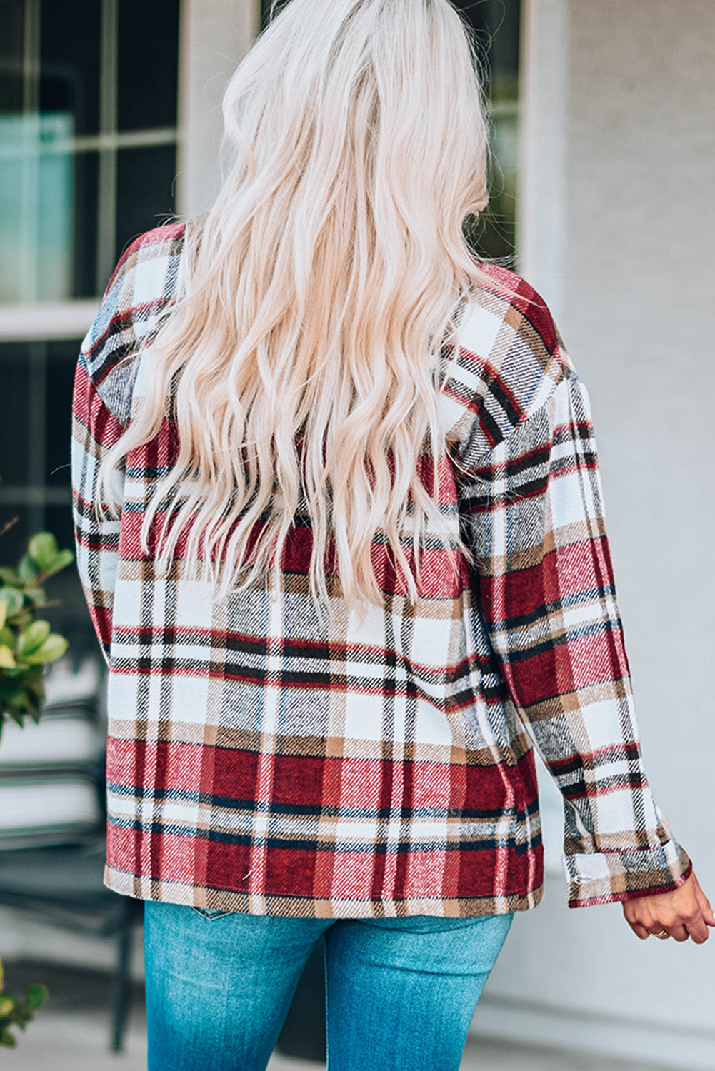 Fiery Red Geometric Plaid Print Pocketed Shacket Plaid Shackets JT's Designer Fashion