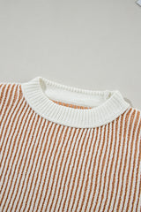 Chestnut Striped Textured Knit Contrast Edge Loose Sweater Sweaters JT's Designer Fashion