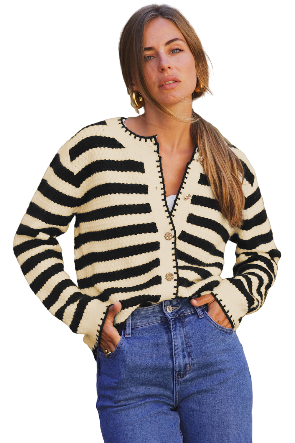 Apricot Stripe Chic Golden Button Cardigan Sweater Cardigans JT's Designer Fashion