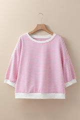Pink Striped 3/4 Sleeve Drop Shoulder Top Long Sleeve Tops JT's Designer Fashion