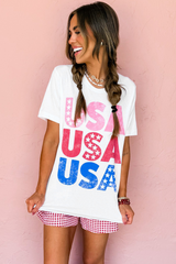 White USA Starry Letter Graphic Cotton Blend T Shirt Graphic Tees JT's Designer Fashion