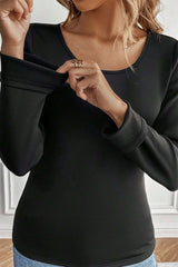 Black Solid Scoop Neck Slim Fit Thermal Top Long Sleeve Tops JT's Designer Fashion