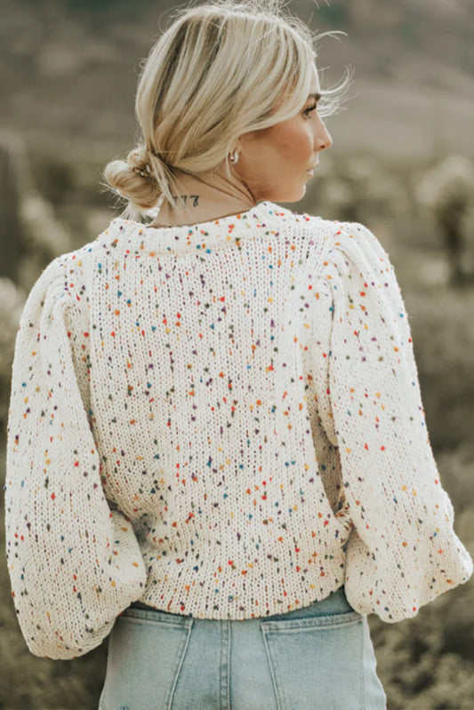 Beige Colorful Confetti Dots Cable Knit Crew Neck Sweater Sweaters JT's Designer Fashion