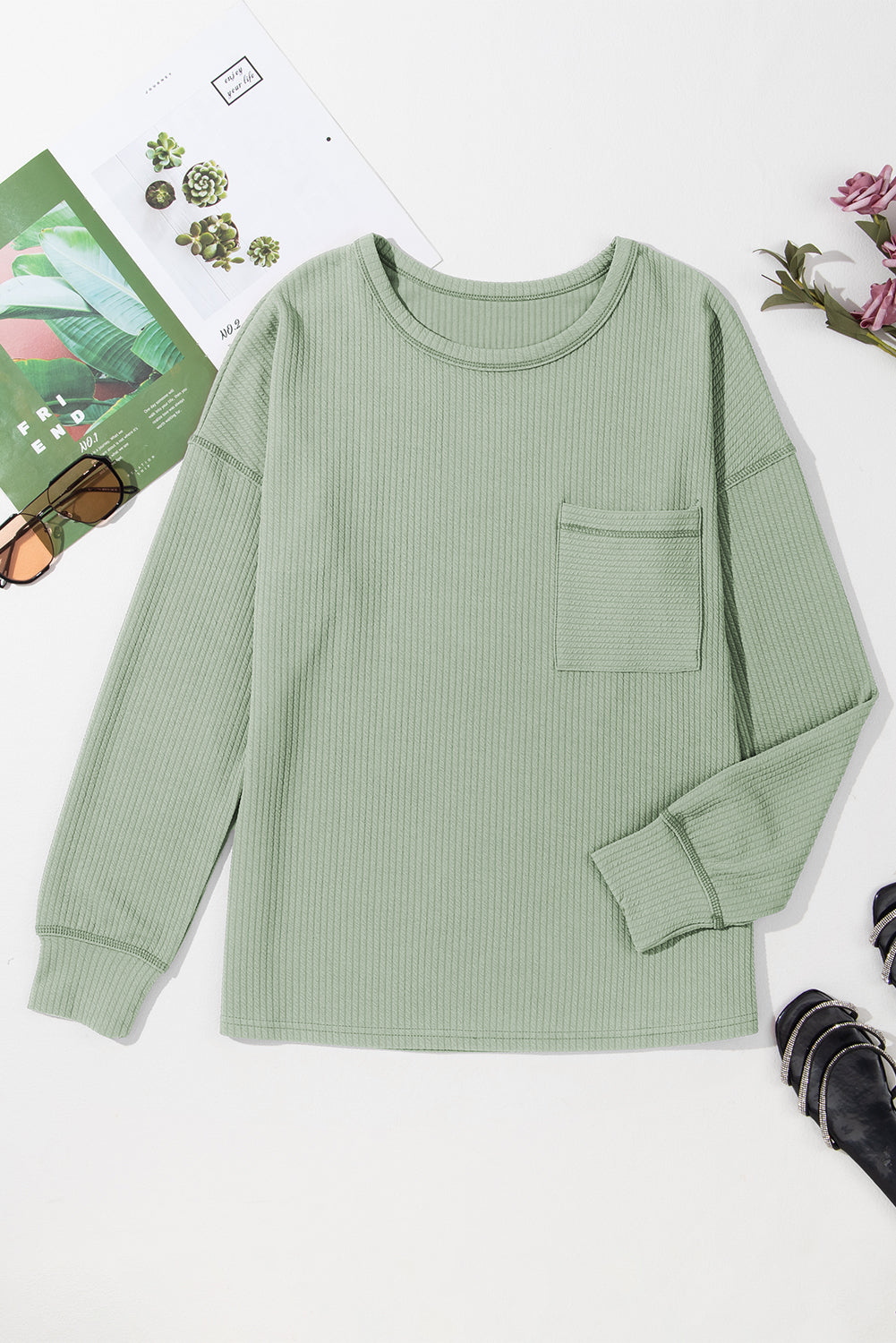 Clearly Aqua Solid Color Corded Drop Shoulder Long Sleeve Top Long Sleeve Tops JT's Designer Fashion