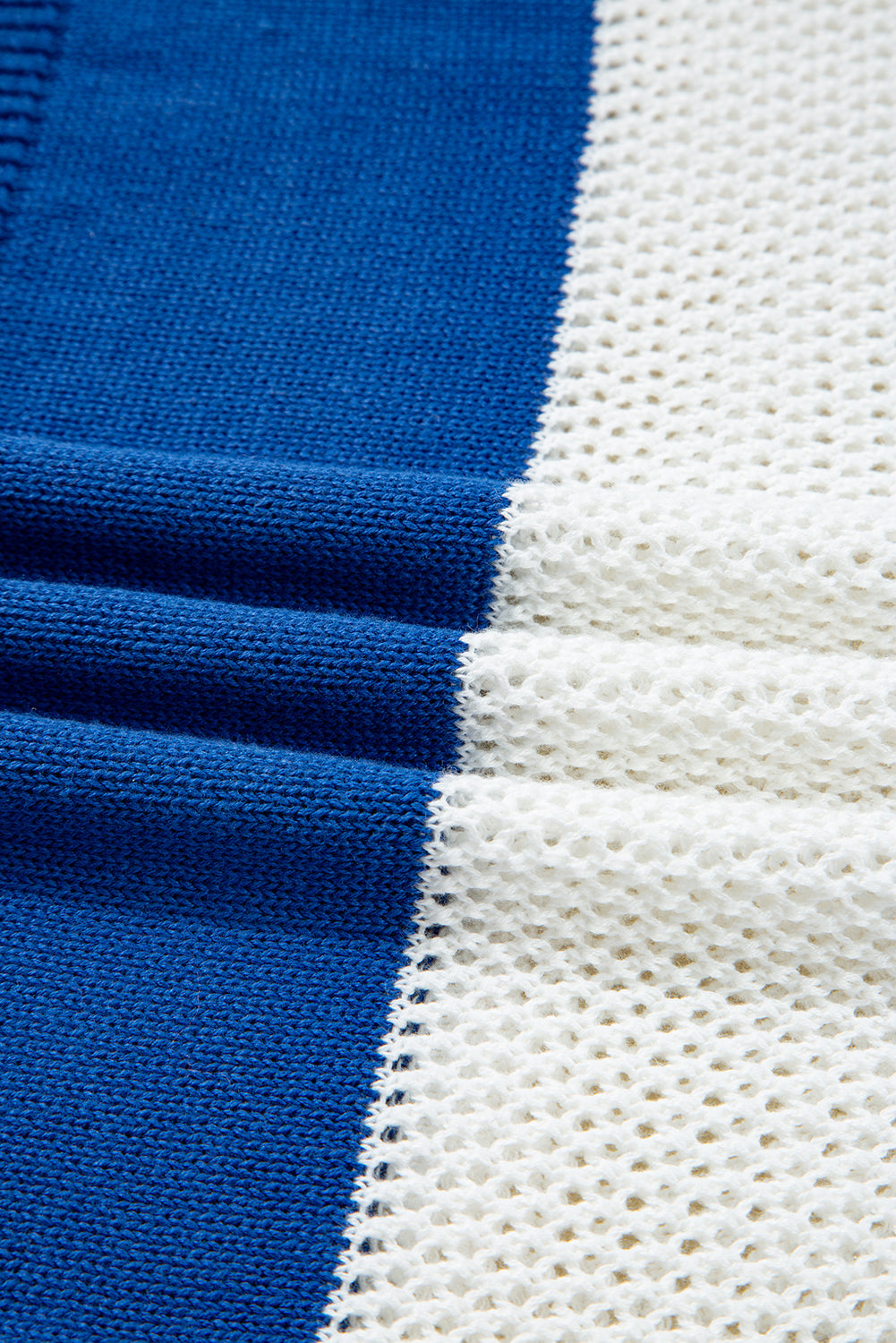 Blue Stripe Colorblock Polo Collar Eyelet Crochet Knitted Sweater Sweaters JT's Designer Fashion