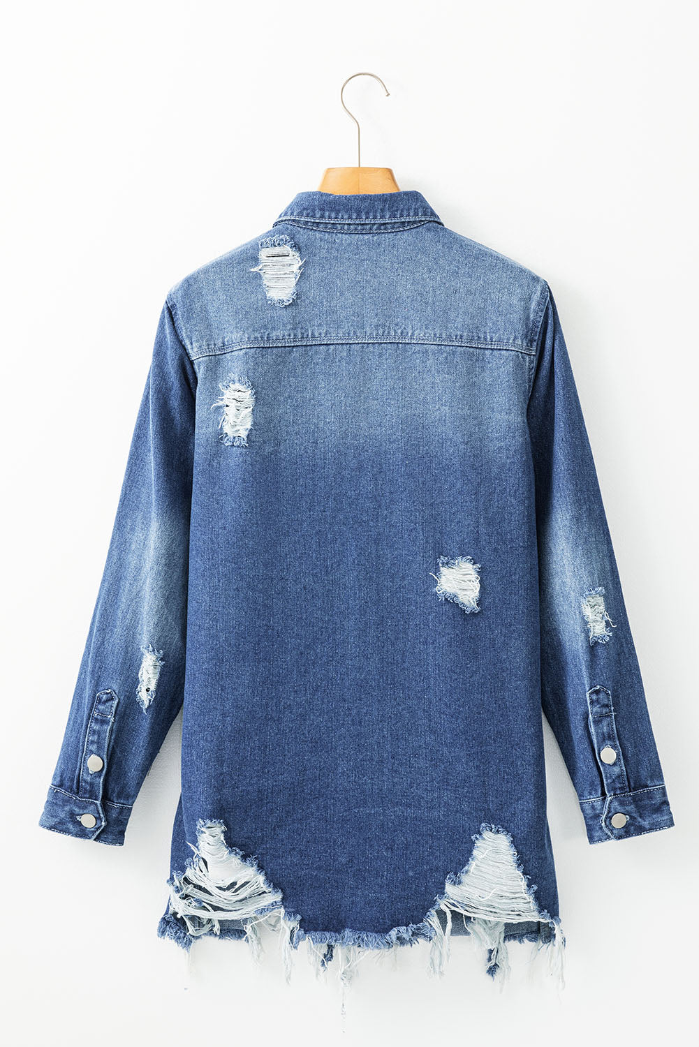 Sky Blue Light Wash Distressed Frayed Long Denim Jacket Denim Jackets JT's Designer Fashion