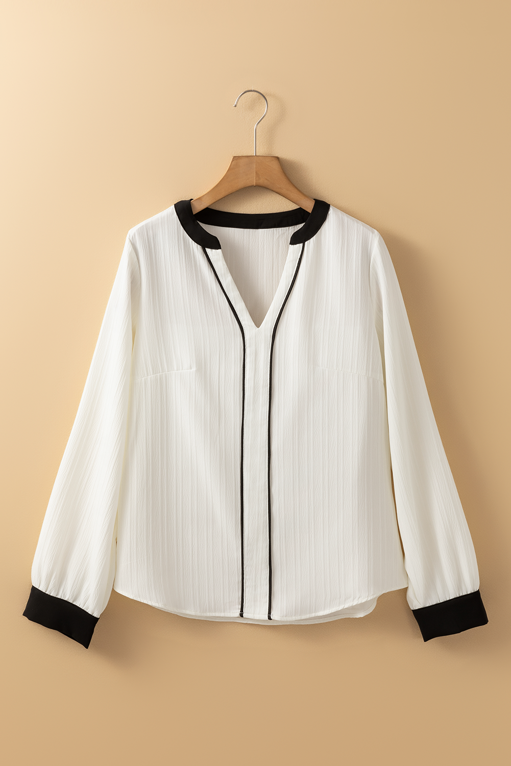 White Textured Colorblock V Neck Elegant Blouse Blouses & Shirts JT's Designer Fashion