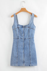 Beau Blue Seamed Zipper Square Neck Sleeveless Denim Mini Dress Mini Dresses JT's Designer Fashion