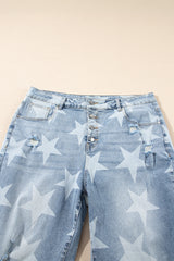 Sky Blue Star Printed Multi Buttons Slit Knee Destroyed Plus Size Jeans Plus Size Bottoms JT's Designer Fashion