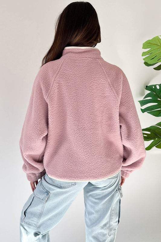 Fushia Stand Neck Half Button Zip Pocket Plush Sweatshirt Sweatshirts & Hoodies JT's Designer Fashion