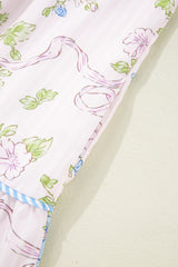 Pink Floral Striped Print Contrast Trim Tie Split Neck Mini Dress Dresses JT's Designer Fashion