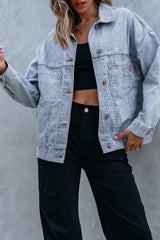 Sky Blue Stripe Washed Oversize Pocketed Denim Jacket Denim Jackets JT's Designer Fashion