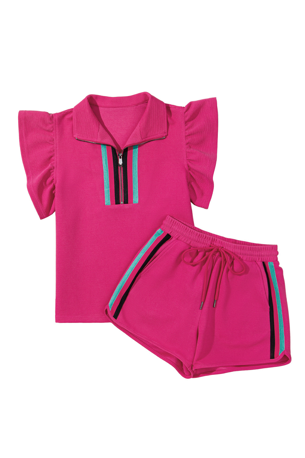 Strawberry Pink Striped Detail Flutter Sleeve Zipped Collar Short Set Short Sets JT's Designer Fashion