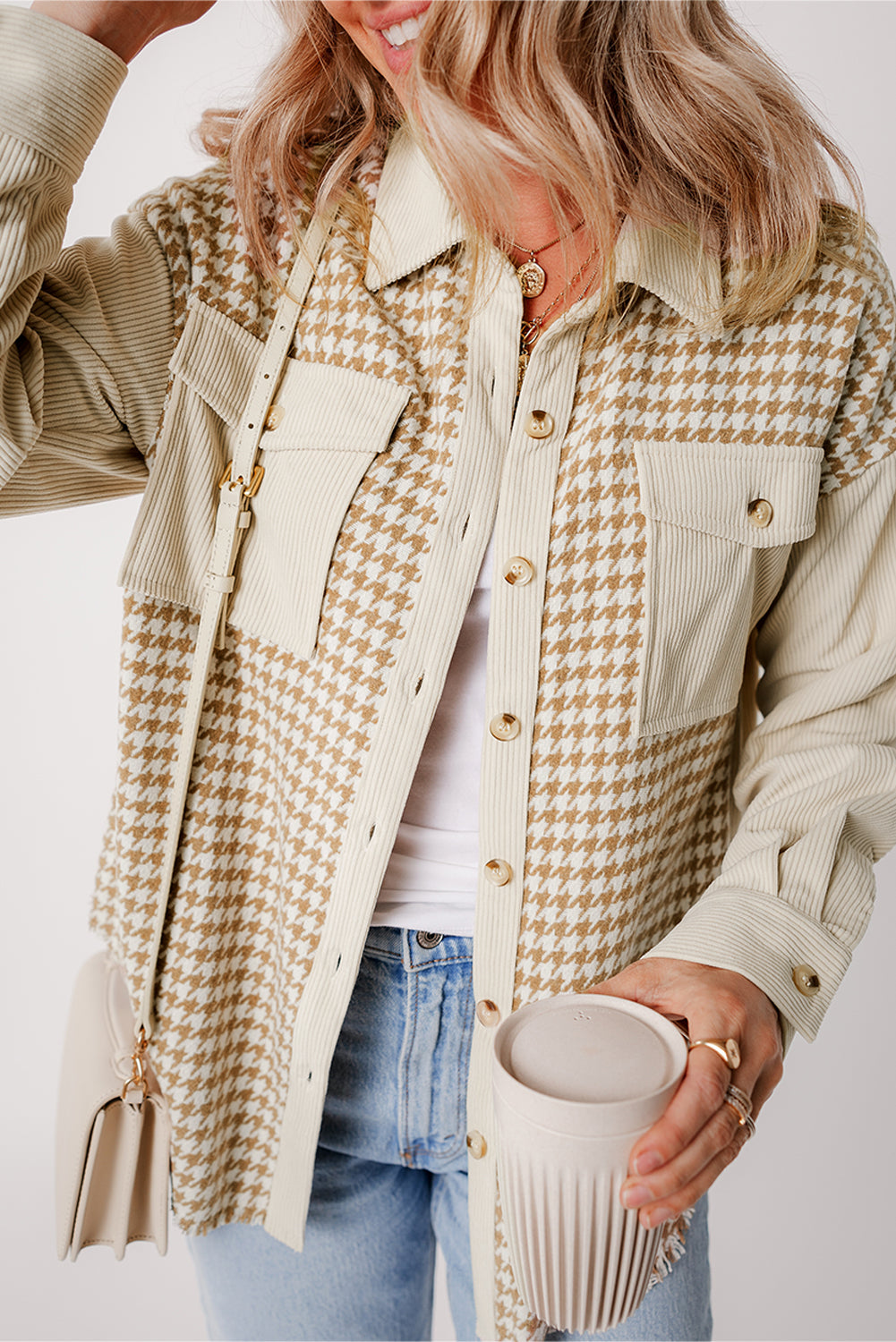 Parchment Houndstooth Corduroy Patchwork Flap Pocket Shacket Jackets JT's Designer Fashion
