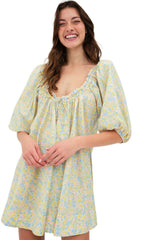 Green Floral Half Sleeve Frilled U Neck A-line Short Dress Floral Dresses JT's Designer Fashion