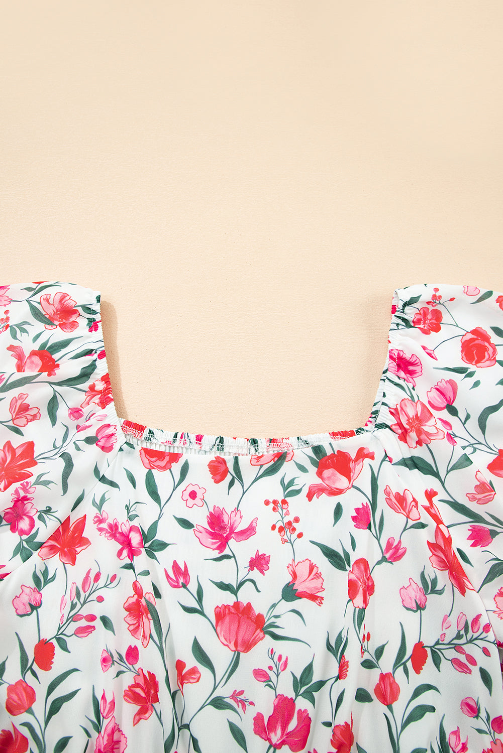Pink Floral Puff Sleeve Square Neck Empire Waist Tiered Maxi Dress Floral Dresses JT's Designer Fashion