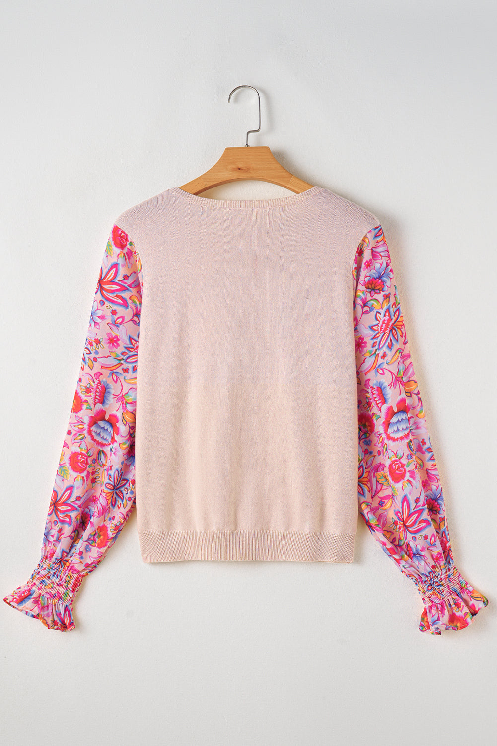 Oatmeal Floral Printed Patchwork Smocked Lantern Sleeve Knit Top Sweaters JT's Designer Fashion