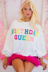 White BIRTHDAY QUEEN Graphic Balloon Sleeve Sweatshirt Sweatshirts & Hoodies JT's Designer Fashion