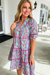 Light Blue Abstract Printed Lace Detail Split Neck A-line Dress Dresses JT's Designer Fashion