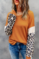 Brown Leopard Sequin Patchwork Long Sleeve Top Long Sleeve Tops JT's Designer Fashion