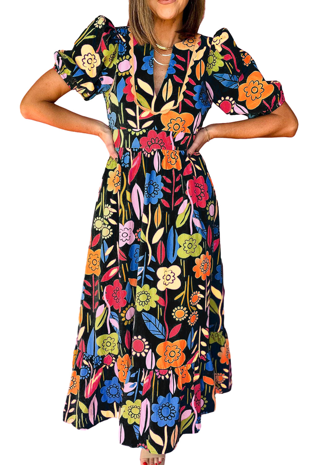 Black Retro Floral Printed Split Neck Maxi Dress Dresses JT's Designer Fashion