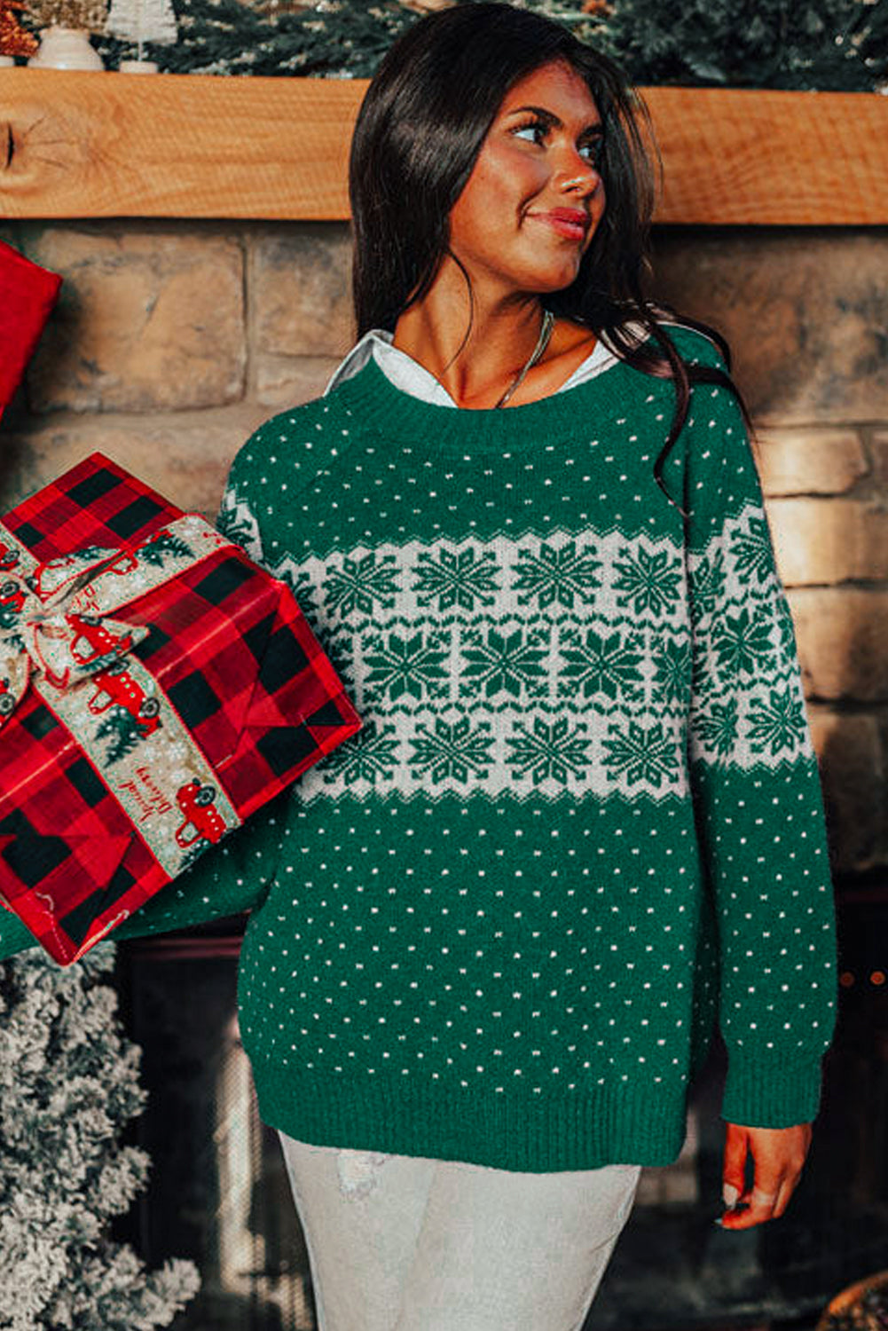 Green Christmas Snowflake Dotted Print Round Neck Sweater Sweaters JT's Designer Fashion