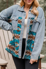 Blue Aztec Printed Denim Jacket Denim Jackets JT's Designer Fashion