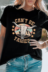 Black Western CAN'T BE TAMED Longhorn Graphic T Shirt Graphic Tees JT's Designer Fashion