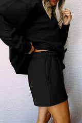 Black Textured Long Sleeve Top and Drawstring Shorts Set Short Sets JT's Designer Fashion